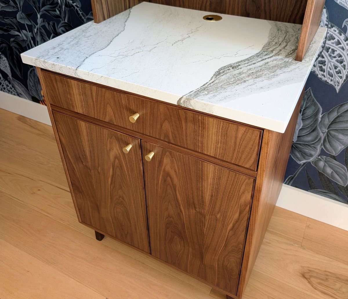 Walnut coffee hutch with quartz top and brass hardware